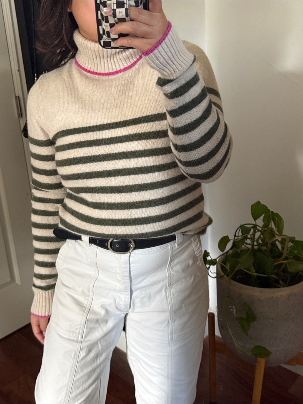 Tabitha Webb Striped Wool Blend Turtleneck Sweater with Pink Trim. M